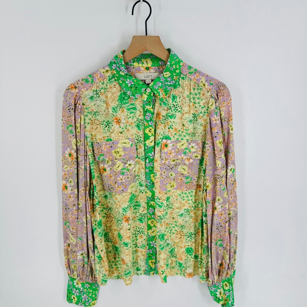 LOFT Floral Mixed-Print Button-Up Blouse in Green, Lavender, Yellow